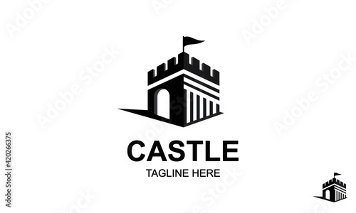 Castle Logo Design Template-Authentic Castle tower and shield silhouette for real estate, protect systems.