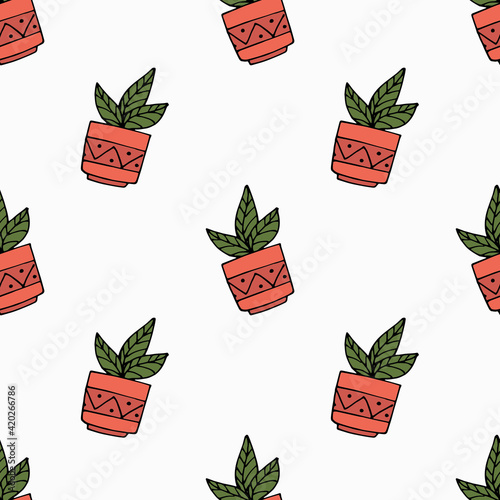 seamless doodle pattern red pots with flowers on a white background. hand drawing. ornament for printing on fabrics, wallpaper, paper, packaging. graphics and design