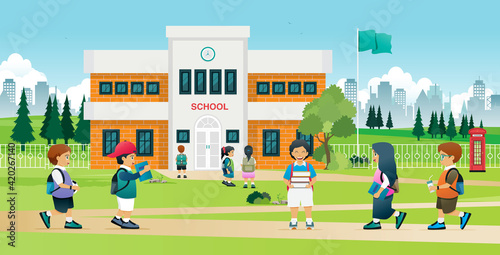 Boys and girls are happy to meet friends at school.