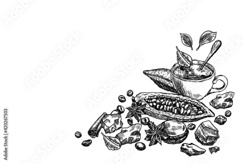Hand drawn composition of ingredients for making delicious chocolate. Cover for the cafe menu. Coffee, tea, cocoa beans and butter, mug with hot drink and cloves spices isolated on white background