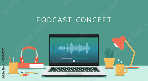 Podcast concept. Broadcasting online live streaming on laptop computer or on radio station, vector flat design illustration