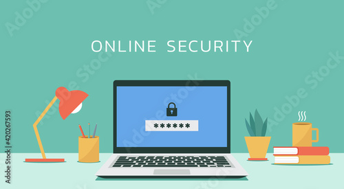 online security on laptop computer with padlock and password or verification code notification concept, vector flat design illustration