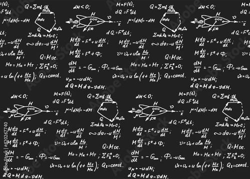 The calculation of the trajectory of a missile. Physical equations and formulas on blackboard. Vector hand-drawn seamless pattern. Technology background.