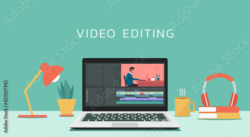 Video editing software on laptop computer concept. Workplace for freelancer and editor, vlogger or movie making, vector flat design illustration