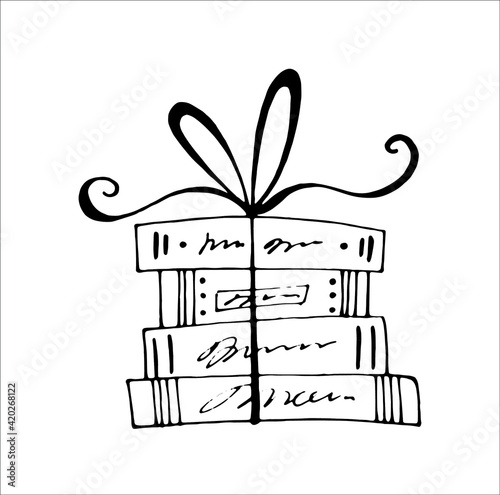 vector doodle illustration of a stack of books tied with ribbon