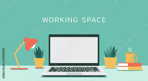 laptop computer with white blank empty display screen for copy space on working space, vector flat design illustration