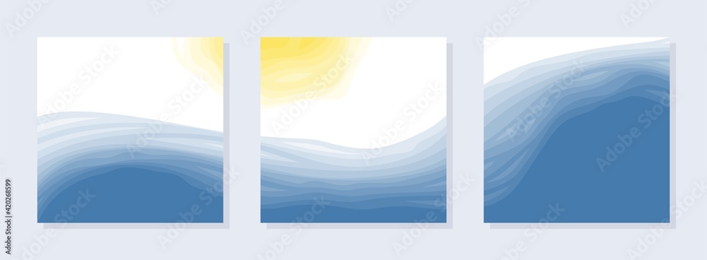Set of three square abstract paintings. Sea, ocean wave, blue water, bright yellow sun on white background. Combined composition of wall paintings, covers, social media posts. Simple style, minimalism