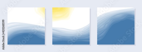 Set of three square abstract paintings. Sea, ocean wave, blue water, bright yellow sun on white background. Combined composition of wall paintings, covers, social media posts. Simple style, minimalism
