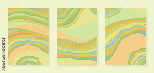Set of three rectangular abstract paintings. Multi-colored chaotic lines, waves of orange, yellow, green, blue. Combined composition of wall paintings, covers, social media posts. Simple style. Vector