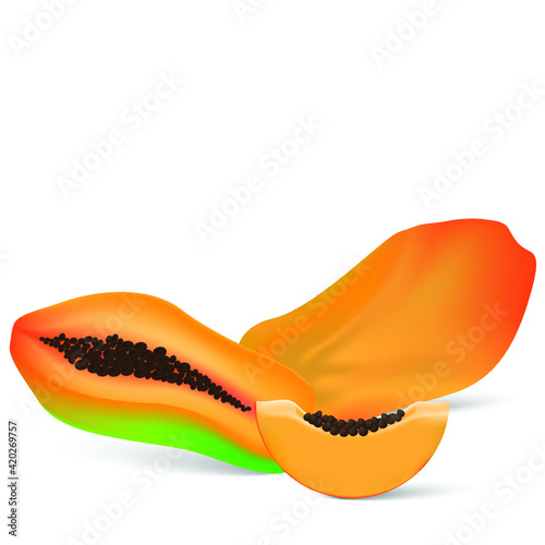 Whole and slices pieces papaya fruit, isolated vector illustration.