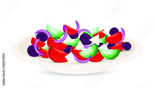 illustration of fresh greek salad with lettuce, tomatoes and potatos.