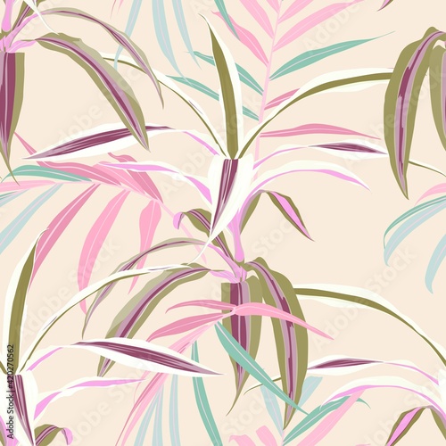 Vintage tropic leaves pattern design. Cool floral wallpaper. Beige pink colors on light background.