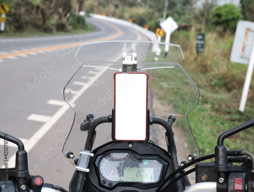 White screen mobile phone mounted motorbike