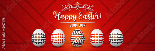 Red Easter greetings banner with red and black gambling symbols over white eggs, vector illustration.Suitable for invitations, greeting cards, flyers, banners.