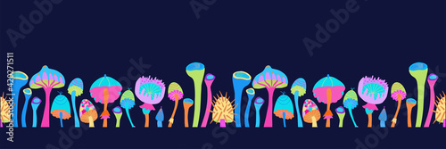 Vector illustration image of magic mushrooms. Seamless pattern from bright fantastic mushrooms on a dark background. Poster, postcard, screensaver for the web.