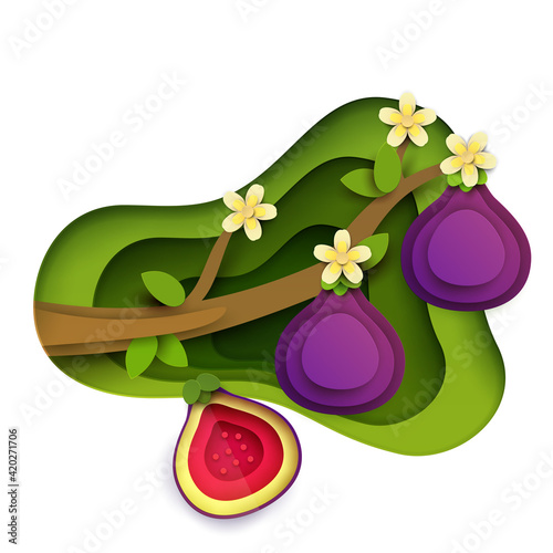 Cartoon tree branch with figs and flowers in modern geometric 3d paper cut style isolated on pink background. Vivid creative vector art element. Minimalistic concept of abstract design illustration.