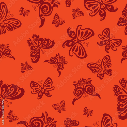 pattern, brown stylized butterflies on a red background, vector illustration,