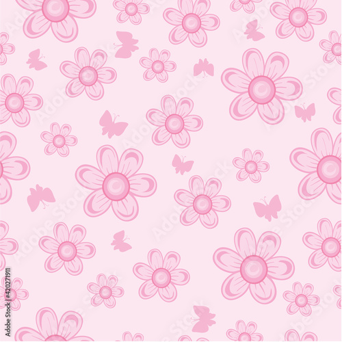 pattern, delicate light pink flowers on a pink background, vector illustration,