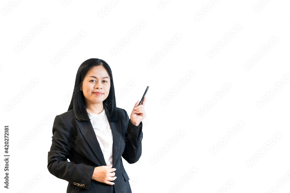 Portrait asian businesswoman presenting action isolated on white background Portrait asian businesswoman presenting action isolated on white background