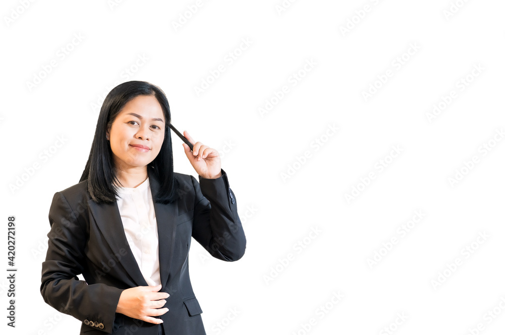 Portrait asian businesswoman presenting action isolated on white background Portrait asian businesswoman presenting action isolated on white background