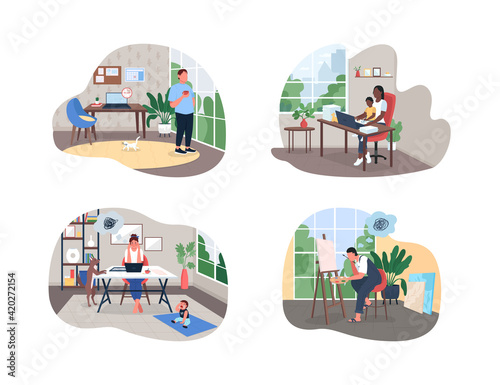 Freelancer in home office 2D vector web banner, poster set. Employee on break. Working mother. Men and women flat characters on cartoon background. Burnout printable patch, colorful web element pack