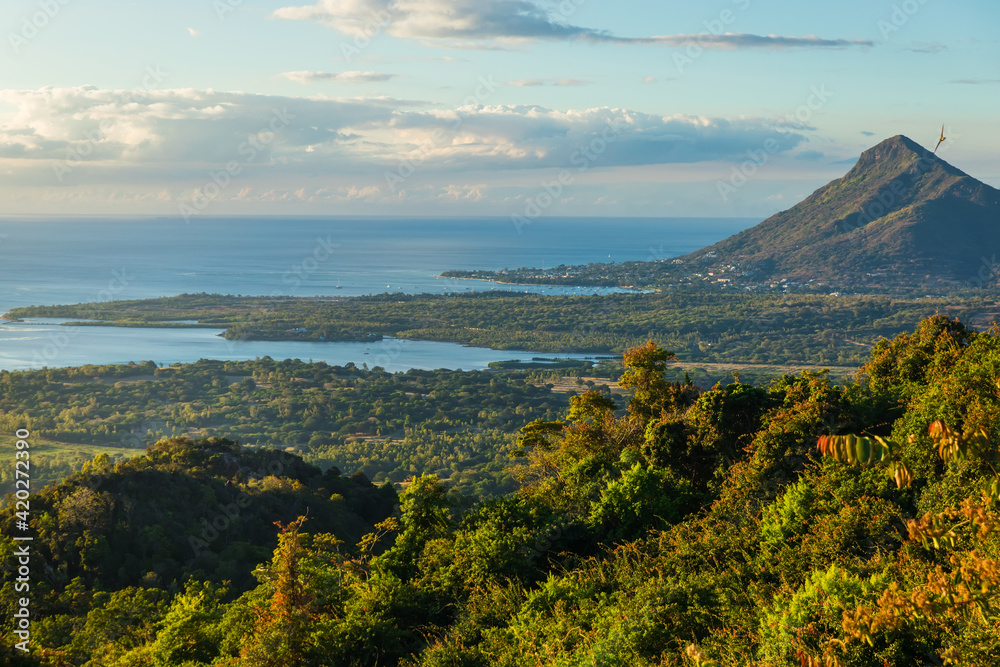 View of mountain, ocean and Tamarin in Mauritius.