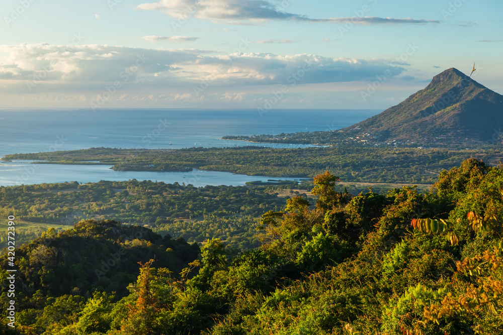 View of mountain, ocean and Tamarin in Mauritius. View of mountain, ocean and Tamarin in Mauritius.