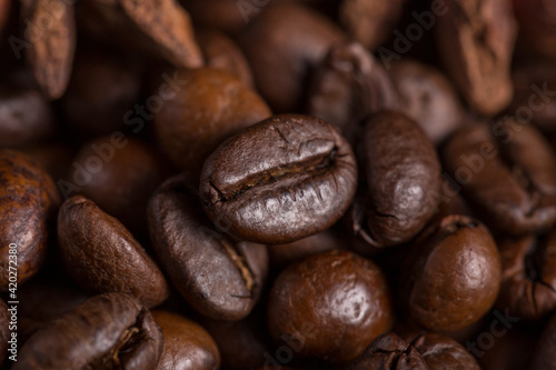 Bokeh of roasted coffee beans.