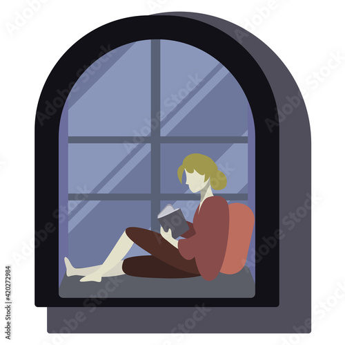 vector illustration of girl reading a book on the window