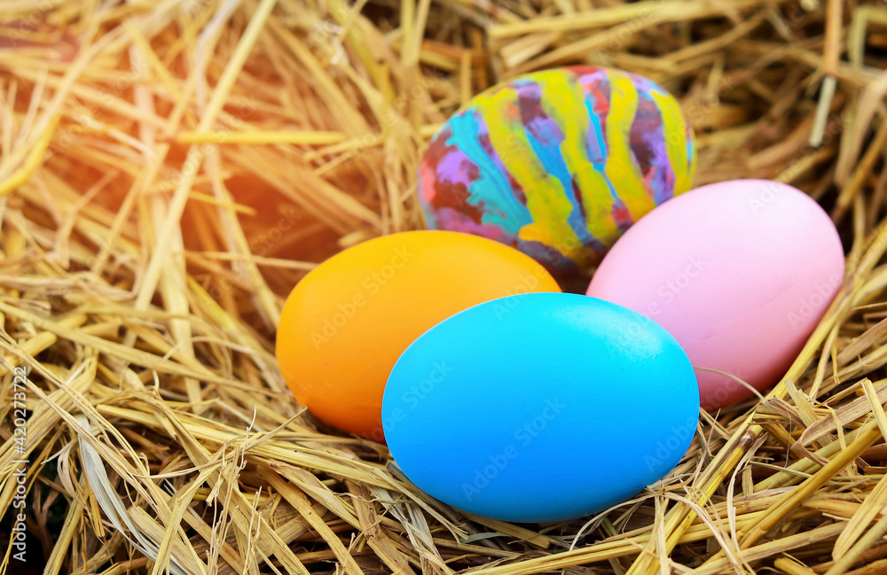 Colorful eggs on grass or straw for Easter
