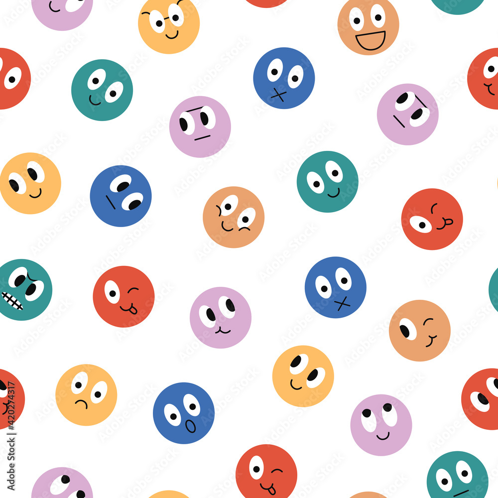 Fototapeta premium Colorful emotions seamless pattern. Cute circle smile faces on white background. Geometrical fabric design for kids textile. Funny vector illustration