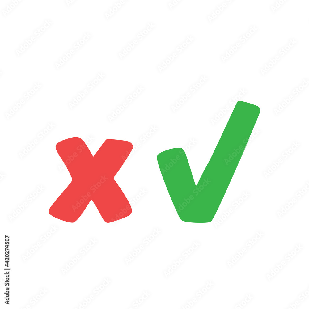 Obraz premium Checkmark vector icons. Green Tick and red x check marks. Grungy hand drawn style. Accepted and rejected symbols.