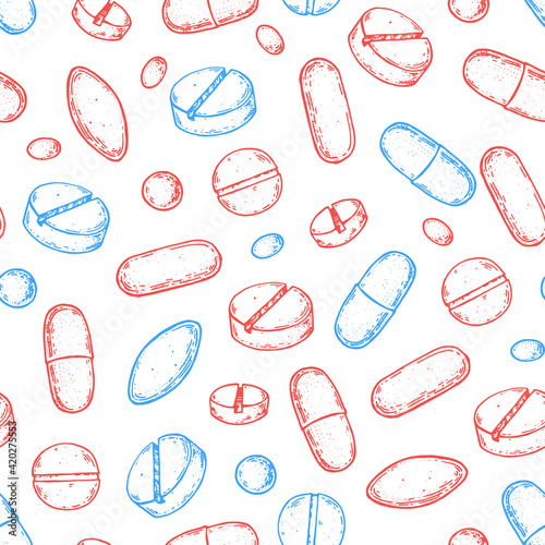 Pills and vitamins illustration. Seamless pattern. Hand drawn vector illustration. Black and white background. Healthy food.