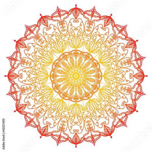 Mandala. Yellow and red gradient in an ethnic pattern. Oriental ornament for placing on glass, paper, fabric, wood. Template for tattoo and henna drawing. Psychedelic vector. Isolated pattern on white
