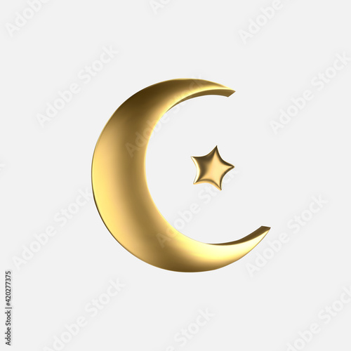 Vector Ramadan golden symbol. Realistic 3d gold crescent and star.