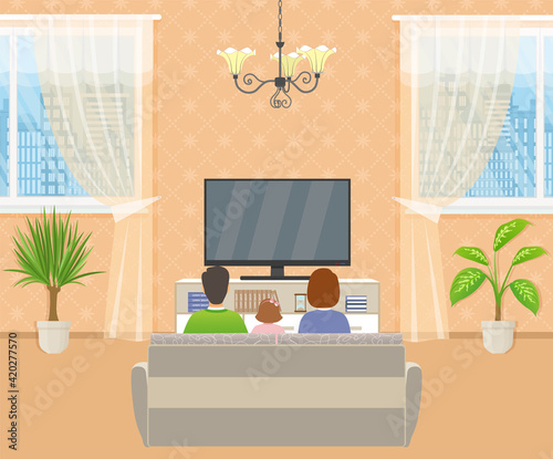 Family watching tv in living room interior. Father, mother and girl kid relax on sofa. Man, woman and child sitting in lounge. Vector illustration.