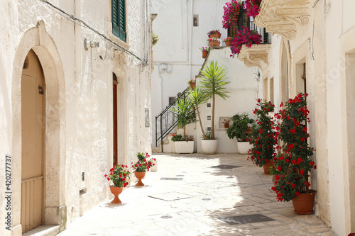 Flowery alley in the historic center of Locorotondo with white walls in Apulia, Italy