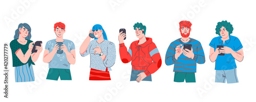 People standing  row and using phones, cartoon flat vector illustration isolated on white background. Young people communicate through mobile network.