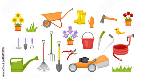 Set of garden tools. Lawnmower, bucket, wheelbarrow, shovel, pitchfork, rake, pruner, watering hose, ax, saw, watering can, flower in pot, grass isolated on white. Vector cartoon flat illustration.