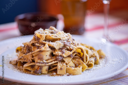 An inviting plate of Pappardelle Pasta with Boar  photo