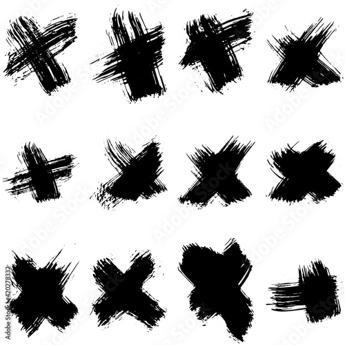 Black paint brush strokes crosses, dirty inked grunge art brushes. 