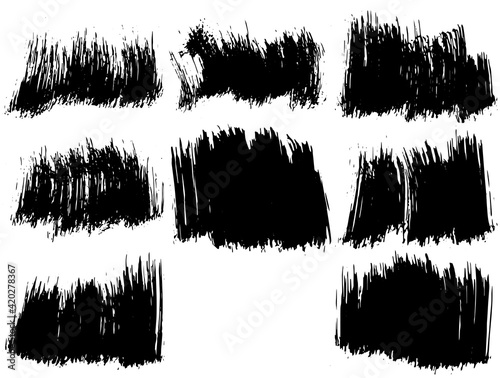 Set of vector brush strokes. Dirty ink texture splatters. Grunge rectangle text boxes. 