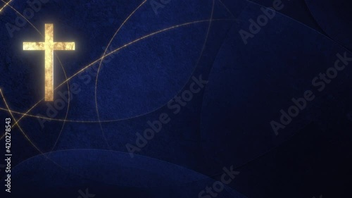 Golden Christian Cross on liturgic blue copy space banner background loop. 3D animation for online worship live stream church sermon on Feast of Mary. Concept of the Feast of the Immaculate Conception photo