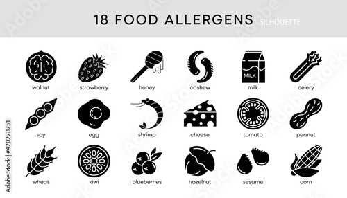 18s Food allergy icon set. Essential allergens and diet line icons vector set. Isolated on white background. Modern editable silhouette icon set. Your web mobile application logo design.