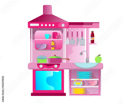Kitchen set interior with cooking utensils, range hood, bottles of juice and fruit. High quality illustration