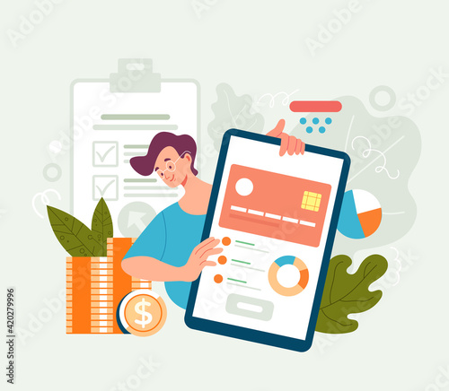 Credit card loan bank management mobile application concept. Vector flat graphic design illustration
