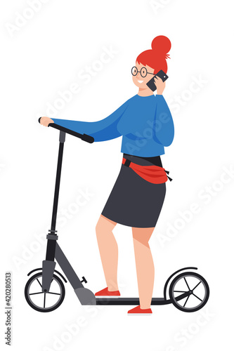 Young woman standing with mobile phone and walk scooter.  Girl sportsman wearing casual clothes, bag. Active lifestyle concept. Colored flat vector illustration isolated on white background