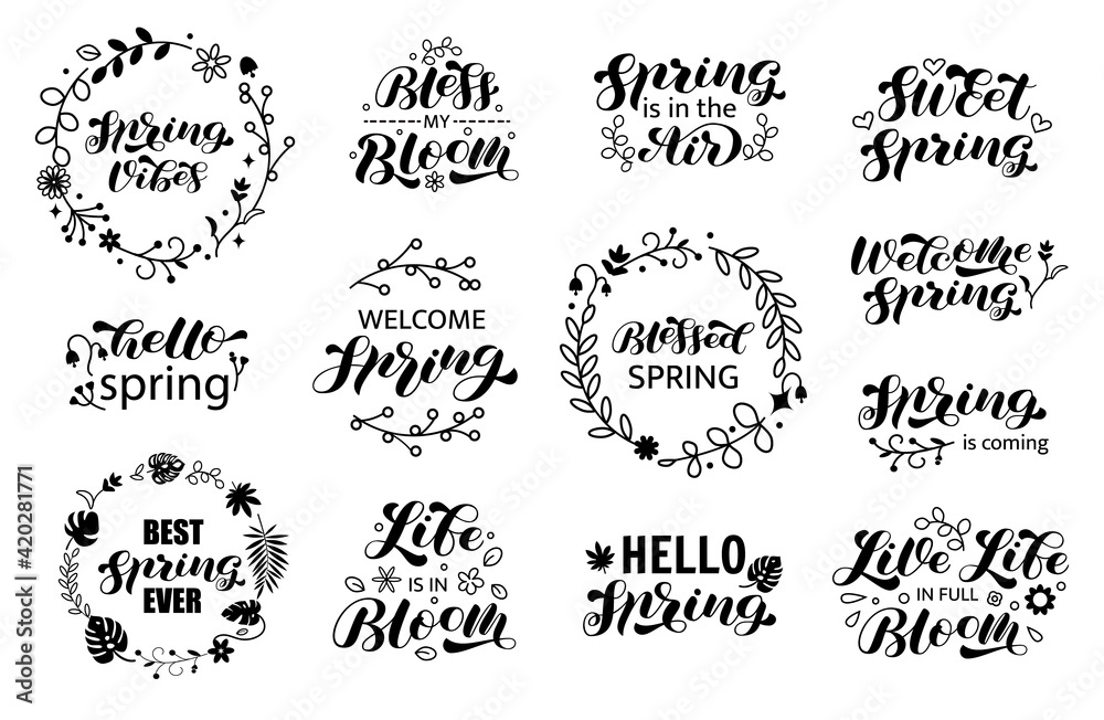 Hello Spring set brush lettering. Spring Vibes. Life is in Bloom. Happy Spring. Vector stock illustration for poster or banner