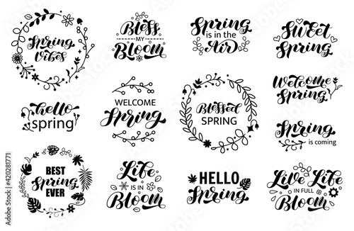 Hello Spring set brush lettering. Spring Vibes. Life is in Bloom. Happy Spring. Vector stock illustration for poster or banner