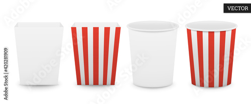 Set of empty paper popcorn boxes isolated on a white background. Сollection striped and white buckets. Macro icons in realistic style. Vector illustration 3D. Design elements in cinema. Mockup.